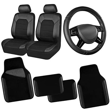CAR PASS Leather Two Front Car Seat Cover; 4Pcs Waterproof Car Floor Mats & Steering Wheel Cover,Universal Fit Airbag Compatible Automotive Interior Covers (Combo Set, Black) - color: black combo sets