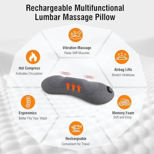 3-in-1 Rechargeable Electric Lumbar Support Pillow with Heat & Massage & Traction, Ergonomic Lower Back Massager for Pain Relief Deep Tissue, Ideal for Car/Bed/Sleeping/Office Chair/Travel