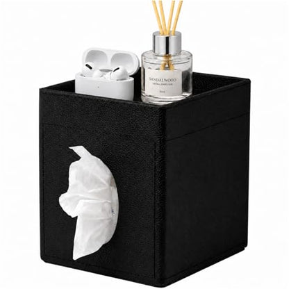 Tissue Box Cover, PU Leather Square Tissue Box Holder with Upper Storage Tray for Bathroom/Countertop/Nightstand/Office Table - Black