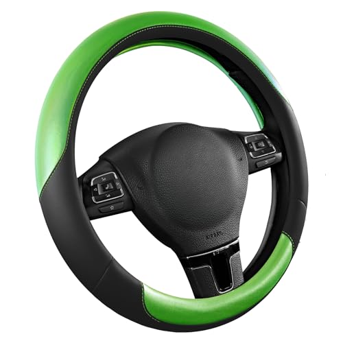 Road Comforts Steering Wheel Cover – Breathable Leather Steering Wheel Cover, Anti-Slip Grip, Universal Fit 14.5” to 15”, Heat & Cold Resistant for Cars, SUVs, and Trucks – Black & Shining Green - color: Black&Green