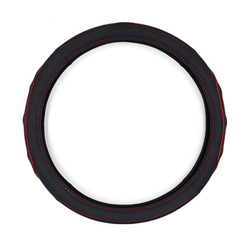 QianBao Genuine Soft Black Leather Car Steering Wheel Cover,Universal Fits 14 Inch Size, Odorless,Anti-Slip, Elegant, Excellent Grip, and Easy Install Wheel Wrap(Small（13.5-14.2）, Red/Black) - color: Red Line