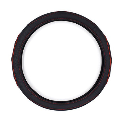 QianBao Genuine Soft Black Leather Car Steering Wheel Cover,Universal Fits 14 Inch Size, Odorless,Anti-Slip, Elegant, Excellent Grip, and Easy Install Wheel Wrap(Small（13.5-14.2）, Red/Black) - color: Red Line