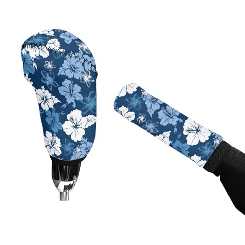 KEIAHUAN Blue Hibiscus Flowers Car Gear Shift Knob Cover&Handbrake Cover for Women Anti-Slip Breathable Comfortable Handbrake Gear Shift Protector 2 PCS - color: Blue Hibiscus Flowers