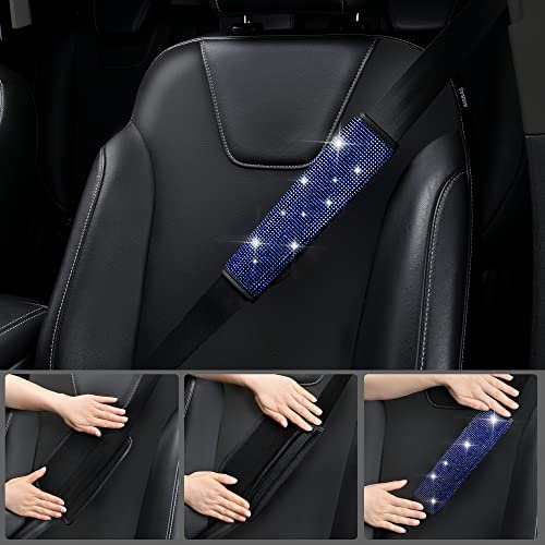 CAR PASS 23 PCS Bling Diamond Car Accessories Set for Women, Leather Seat Covers Full Set Sparkly Rhinestone15'' Steering Wheel Covers Shining Diamond Floor Mats Cute Car Interior Sets,Blue