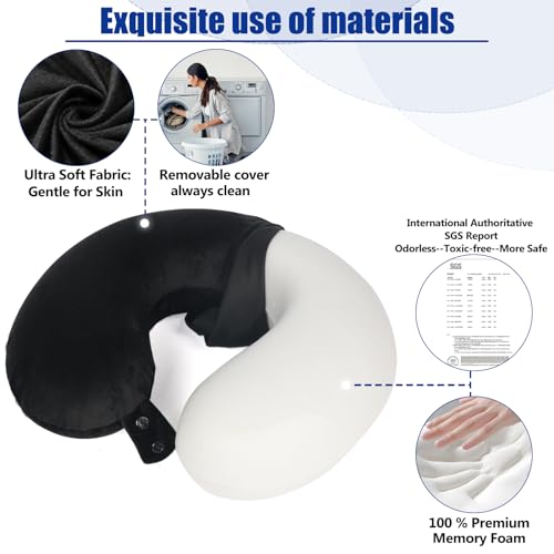 SAIREIDER Travel Pillow 100% Pure Memory Foam Travel Neck Pillow, Airplane Pillow for Traveling、Car、Home、Office，Washable Cover（Black） - color: Black