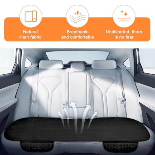 Car Back Seat Cover, Linen Breathable Vehicle Rear Seat Protector with Storage Pocket, Anti-Slip Comfy Automotive Rear Bench Bottom Cushion Mat, Universal for Truck Van Sedan (Black)