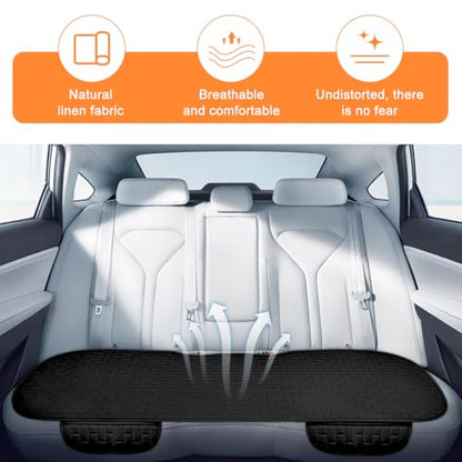Car Back Seat Cover, Linen Breathable Vehicle Rear Seat Protector with Storage Pocket, Anti-Slip Comfy Automotive Rear Bench Bottom Cushion Mat, Universal for Truck Van Sedan (Black)