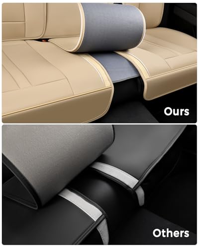 Huidasource Beige Back Seat Cover Luxury Nappa Leather, Rear Seat Cover with Velcro Adjustable, Ventilation Holes, Seat Belts, Child Seats, Car Back Seat Covers Fit for Most Cars SUV Trucks, Beige - color: R# Beige, size: Rear