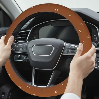Soft Brown Steering Wheel Cover Cute Cloth Fabric Car Wheel Cover Breathable Washable Cool in Summer Universal 14.5 15 Inch