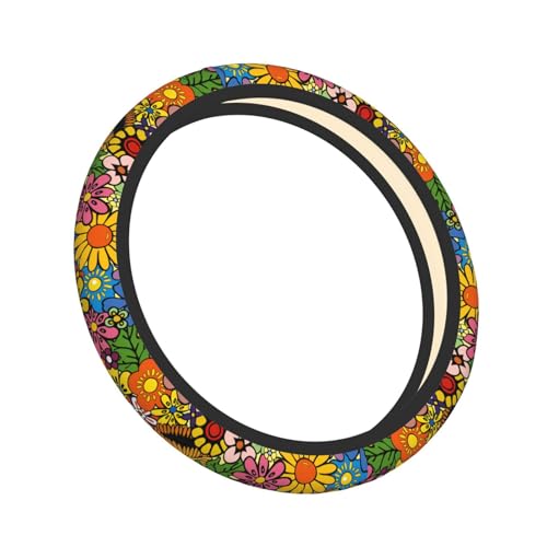 Hippie Flower Neoprene Steering Wheel Cover for Men Women Anti-Slip Elastic Steering Wheel Protective Cover 15in Universal Car Accessories Fit Cars, SUVs, Auto - color: Hippie Flower