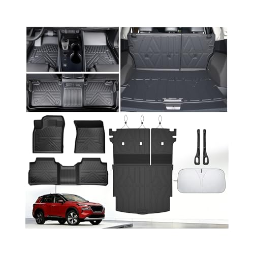 Floor Mats for Nissan Rogue 2021-2024 2025 2026(Not for Sport),All Weather Protection Custom Floor Mats Trunk Cargo and Car Windshield Cover Set for Nissan Rogue Accessories,Car Floor Liners - size: Nissan Rogue 2021-2026