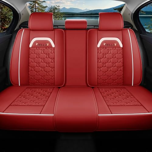 INZU Cute Cartoon Rabbit Comfortable Car Seat Covers with Waterproof PU Leather Suitable for Most 5 Seats Cars SUV and Pick-up Truck Universal Fit Set (Wine) - color: Wine
