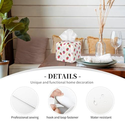 Cute Pink Strawberries Tissue Box Cover Square,Cartoon Strawberry Fruits Tissue Box Holder Waterproof Leather Facial Paper Organizer Dispenser for Bathroom Home Car Nightstand Vanity Desk - color: Color-14