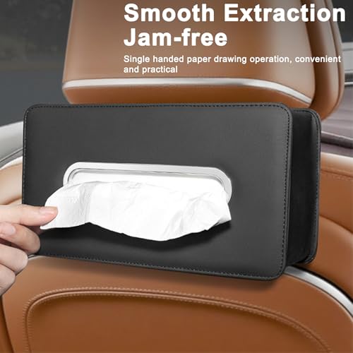 Upgraded Car Tissue Holder, Premium PU Leather Backseat Tissue Case Holder for 100-150 Regular Size Tissues,Foldable Tissue Holder 9.45 × 5.24 × 3.54 in, Black