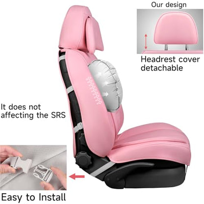 CAR PASS Nappa Leather Seat Covers Full Set Cushioned, Universal Waterproof Durable, All Pink Car Seat Covers Leatherette Support Lumbar Women Fit for SUV Pick-up Truck Sedan Cute 5 Seats Solid Pink - color: Pink Full Sets