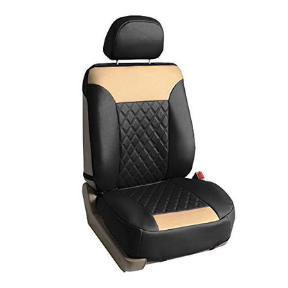 FH Group Deluxe Faux Leather Diamond Pattern Front Set Car Seat Cushions with Gift - Universal Fit for Cars, Trucks, & SUVs PU089102 (Beige) - color: Beige / Black