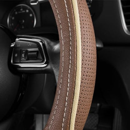 CAR PASS Brown Delux Leather Steering Wheel Cover, Universal Fit for Suvs,Sedans,Vans,Small Trucks for 14.5" to 15"(Brown & Beige Piping) - color: Brown