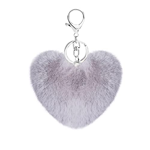 Cute Faux Rabbit Fur Ball Pom Pom Keychain Car Key Ring Handbag Tote Bag Pendant Purse Charm - color: Heart-grey
