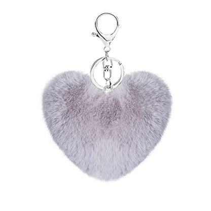 Cute Faux Rabbit Fur Ball Pom Pom Keychain Car Key Ring Handbag Tote Bag Pendant Purse Charm - color: Heart-grey