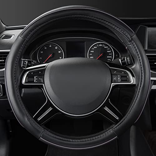 Car Pass Color Piping Microfiber Leather Universal Fit Steering Wheel Cover,Perfectly fit for 14.5-15 inches Suvs,Vans,Trucks,Sedans,Cars,Automotive(Black & Gray or Grey) - color: Grey