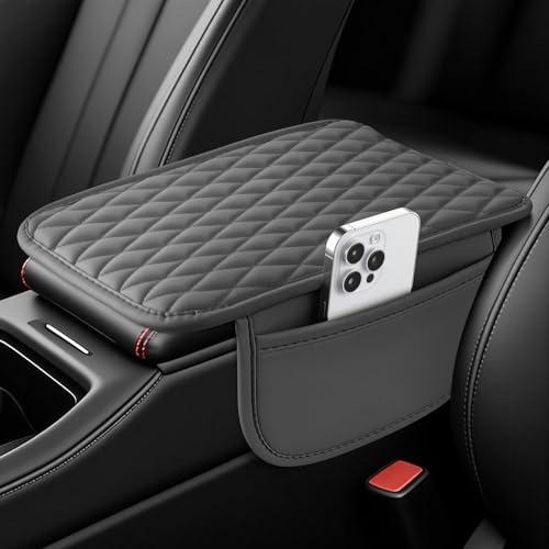 Amiss Car Center Console Cover, Upgraded Leather Car Armrest Cushion with 2 Storage Pockets, Universal Waterproof Cushion Pad, Non-Slip Car Interior Accessories, Fits Most Sedans SUVs Trucks (Gray) - color: gray, size: With Storage