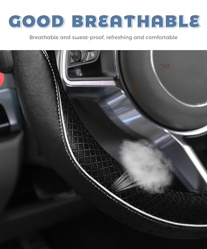Steering Wheel Cover,Car Accessories 14.5-15 Inch Leather Steering Wheel Cover,Anti-Slip Breathable Microfiber Leather Covers,Warm in Winter and Cool in Summer,Fit for Suvs (Black-White) - color: Black&White