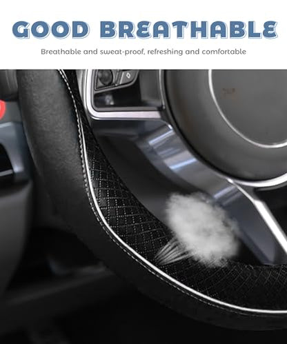 Steering Wheel Cover,Car Accessories 14.5-15 Inch Leather Steering Wheel Cover,Anti-Slip Breathable Microfiber Leather Covers,Warm in Winter and Cool in Summer,Fit for Suvs (Black-White) - color: Black&White