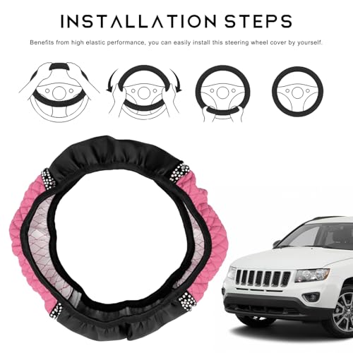 Bling Car Steering Wheel Cover, 15 Inch Sparkly Rhinestone Soft Leather Steering Wheel Protector, Non-Slip Universal Auto Elastic Steering Wheel Covers for Women Girls (Pink) - color: Pink