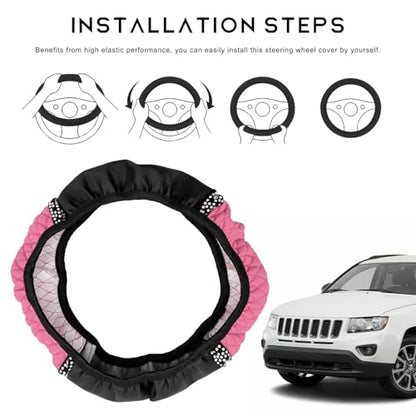 Bling Car Steering Wheel Cover, 15 Inch Sparkly Rhinestone Soft Leather Steering Wheel Protector, Non-Slip Universal Auto Elastic Steering Wheel Covers for Women Girls (Pink) - color: Pink