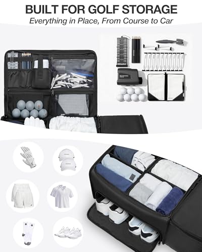 Golf Organizer for Car Trunk with Cooler, Anti-Sag Design, Ventilated Shoe Compartment, 2-Layer Storage Bag for Golf Accessories, Fits SUVs & Sedans - Black
