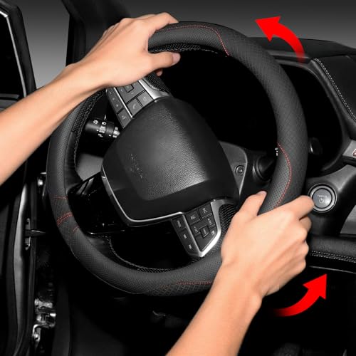 Nappa Leather Steering Wheel Cover, Universal 14.5-15 inch, Anti-Slip Breathable Leather, Sporty Style, Durable Grip Car Accessory for Men Women, Black - color: black