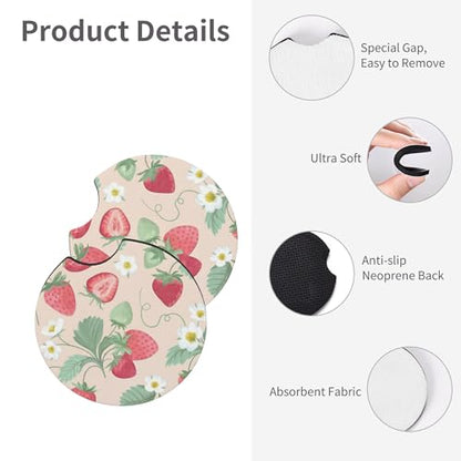 Strawberry Flowers Steering Wheel Cover - Strawberry Flower Steering Wheel Cover for Women Cute Car Breathable Universal for 14-15 Inch Anti-Slip 2 Pieces Car Coasters - color: 1-Strawberry