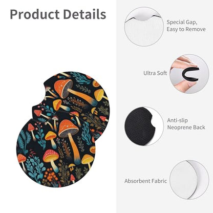 Mushroom Woodland Steering Wheel Cover Mushroom Fern Cute Steering Wheel Cover Woodland Anti-Slip Breathable Universal for 14-15 Inch Car with 2 Pieces Car Coasters for Women Men - color: Mushroom2