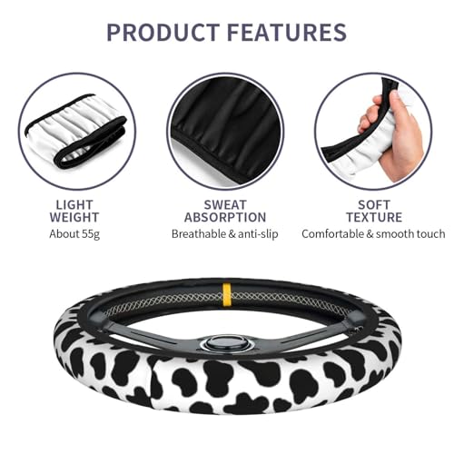 Cow Print Steering Wheel Cover - Cattle Print Steering Wheel Cover Anti-Slip Breathable Universal for with 2 Pieces Car Coasters Suitable for Men Women - color: Cow Print