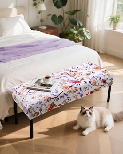 Fuloon Stretch Bench Cover, Anti-Dust Removable Dining Bench Slipcover Washable Seat Cushion Protector for Bedroom, Kitchen, Hotel, Banquet, Red White Flower - color: Flower Red White
