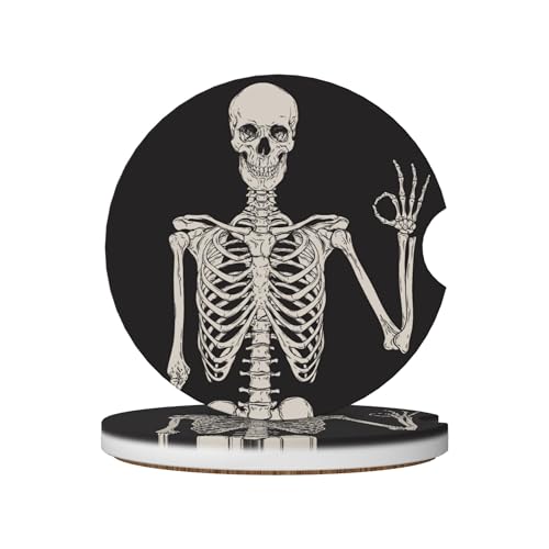 Skull Gothic Skeleton Isolated Car Cup Holder Coasters 2 Pack Universal 2.63 Inch Anti Slip Ceramic Absorbent Coaster with Cork Base and Finger Notch Cute Car Accessories Interior for Women - color: Beige