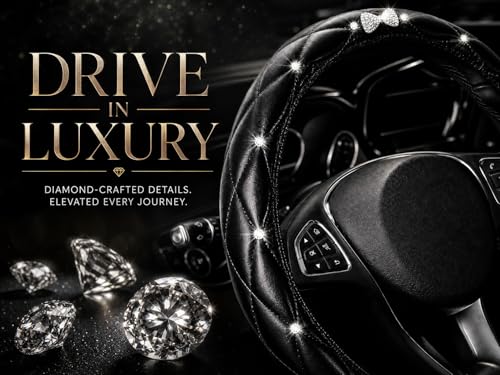 Bling Sparkly Crown Soft Leather Car Steering Wheel Cover for Women Girl,Bling Diamond Crystal Glitter Rhinestones Universal Fit 14.5in-15in Auto Wheel Protector for Suvs,Vans,Sedans,Cars (Bow-Black) - color: Bow-Black