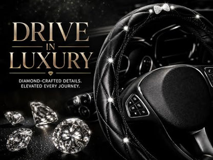 Bling Sparkly Crown Soft Leather Car Steering Wheel Cover for Women Girl,Bling Diamond Crystal Glitter Rhinestones Universal Fit 14.5in-15in Auto Wheel Protector for Suvs,Vans,Sedans,Cars (Bow-Black) - color: Bow-Black