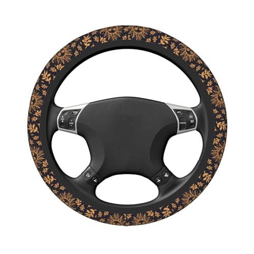 Elastic Sun Moon Leaves Car Steering Wheel Cover Protector Upgrade Thicken,Gold Boho Black,Anti Slip Durable Soft Car Interior Decor for Diverse Cars Truck SUV for Men Women Universal 15 Inch