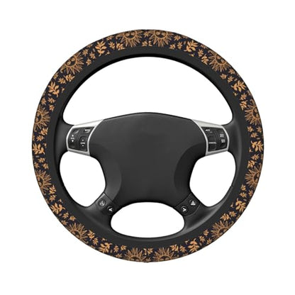 Elastic Sun Moon Leaves Car Steering Wheel Cover Protector Upgrade Thicken,Gold Boho Black,Anti Slip Durable Soft Car Interior Decor for Diverse Cars Truck SUV for Men Women Universal 15 Inch