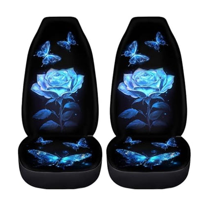 Howilath Blue Rose Flower Car Front Seat Cover 2 Pack Butterfly Auto Protector Bucket Seat Covers High Back Auto Accessories Fit Most Vehicle - color: Blue Rose Butterfly