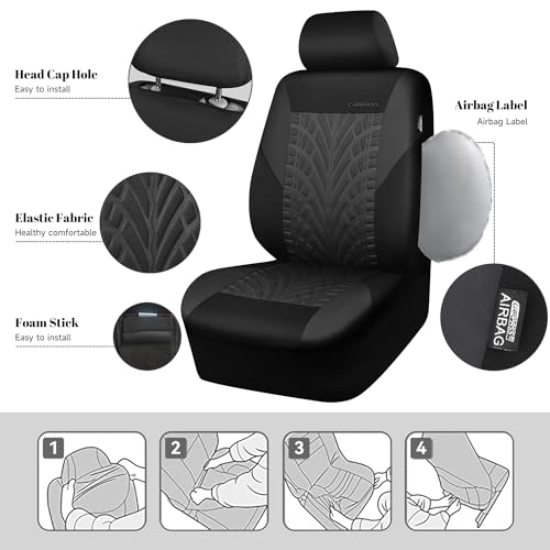 CAR PASS Emboss Tyre Front Seat Covers, Universal Fit Elastic Breath Premium Cloth seat Covers Front Seats only for Truck SUV Sedan, Airbag Compatible, Charcoal on Black - color: Black and Charcoal, size: Two Front