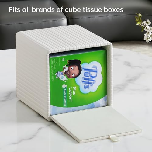 PU Leather Tissue Box Cover Square Tissue Box Holder with Magnetic Closure (Ivory Fluted) - color: Ivory Fluted