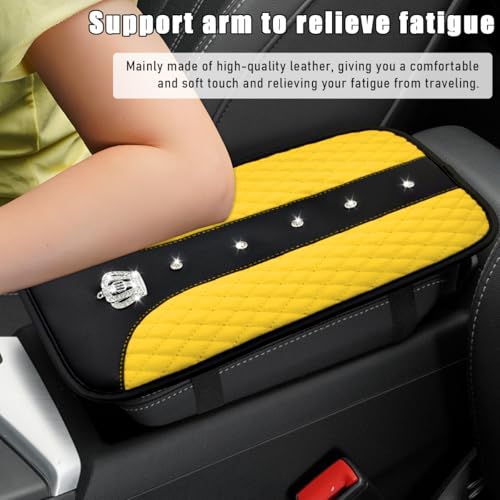 Bling Crown Car Center Console Mats, Anti-Slip and Waterproof Crystal Car Armrest Pad Protector, Universal Rustproof Armrest Decor Cushion for Cars & SUVs, Car Accessories (Yellow) - color: Yellow