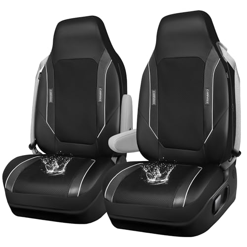 CAR PASS Sporty High Back 3D Oxford Waterproof Car Seat Cover Two Front, Bucket Carbon Fiber Leather Seat Cover, Built-in Seat Belt Armrest Compatible Fit for Sports Car SUV Sedan Truck All Black - color: Pure Black