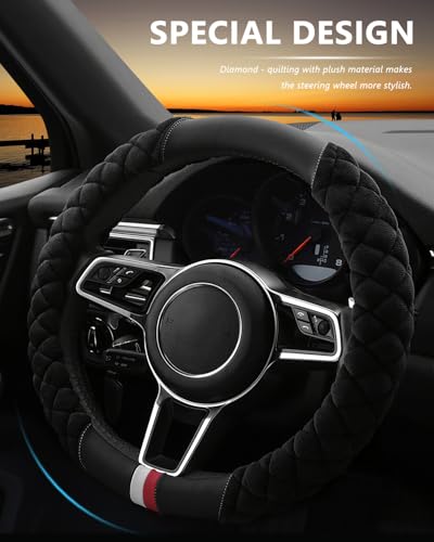 Cxtiy Universal Car Steering Wheel Cover Fluffy Winter Plush Steering Wheel Cover (A-Black) - color: A-black