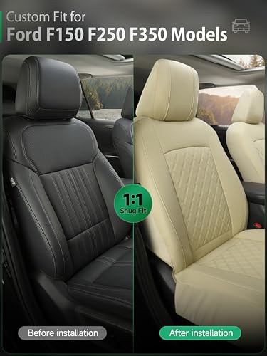 GIANT PANDA 2PCS Front Car Seat Cover for 2009-2026 Ford F150,2017-2026 F250 F350 Super Duty Crew Cab SuperCrew SuperCab Pickup Trucks, Faux Leather (Beige) - color: Beige-Luxury Edition