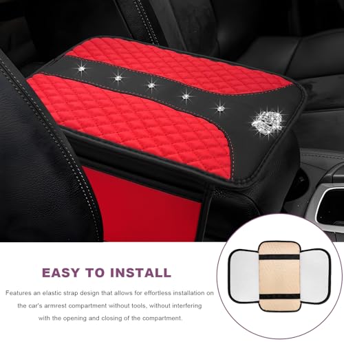 Bling Crown Car Center Console Cover, Crystal Leather Auto Armrest Box Cushion with 2 Storage Bags, Universal Crown Middle Console Cover Arm Rest Protector for Most Vehicles (Red) - color: Red