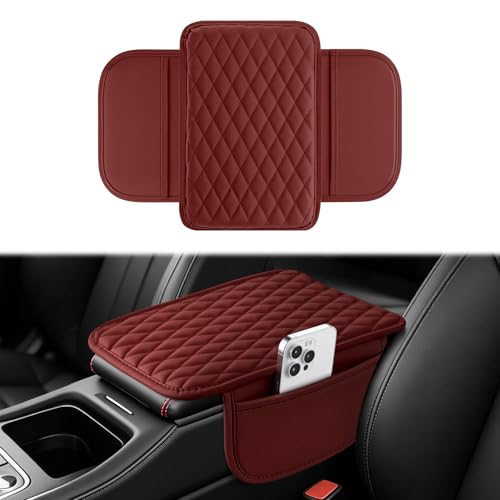 Amiss Car Center Console Cover, Upgraded Leather Car Armrest Cushion with 2 Storage Pockets, Universal Waterproof Cushion Pad, Non-Slip Car Interior Accessories, Fits Most Sedans SUVs Trucks (Red) - color: red, size: With Storage