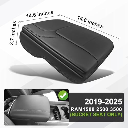 Center Console Armrest Cover Fit for Dodge Ram1500 2500 3500 2019-2026 Accessories, Comfort Armrest Pad Console Lid Cushion Vegan Leather 1-Inch Thick(Bucket Seat ONLY, NO Limited,Laramie) - size: 3) 19-25|Ram1500/2500/3500|Bucket Seat, +Thick,V1